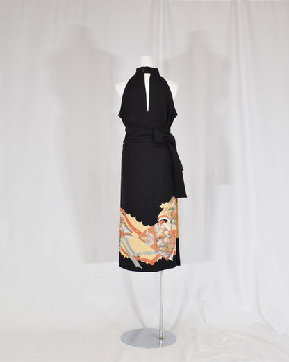 Wrap Skirt — Black Upcycled Kimono Fabric with Floral and Geometric Motif