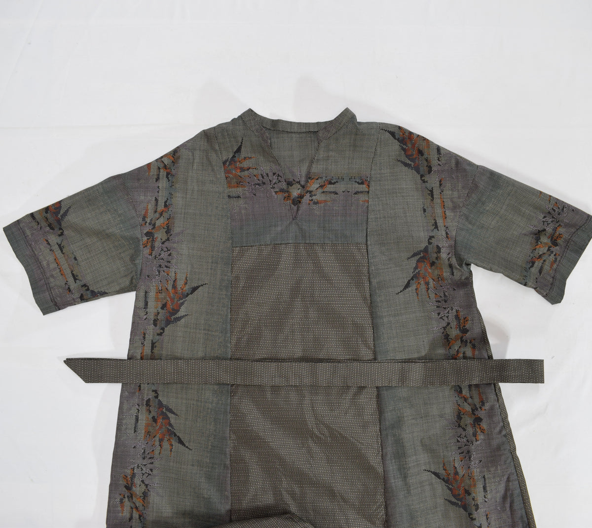 Split-Neck Long Dress, Gray Botanical Motif, Upcycled Kimono Fabric