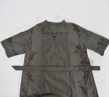 Split-Neck Long Dress, Gray Botanical Motif, Upcycled Kimono Fabric