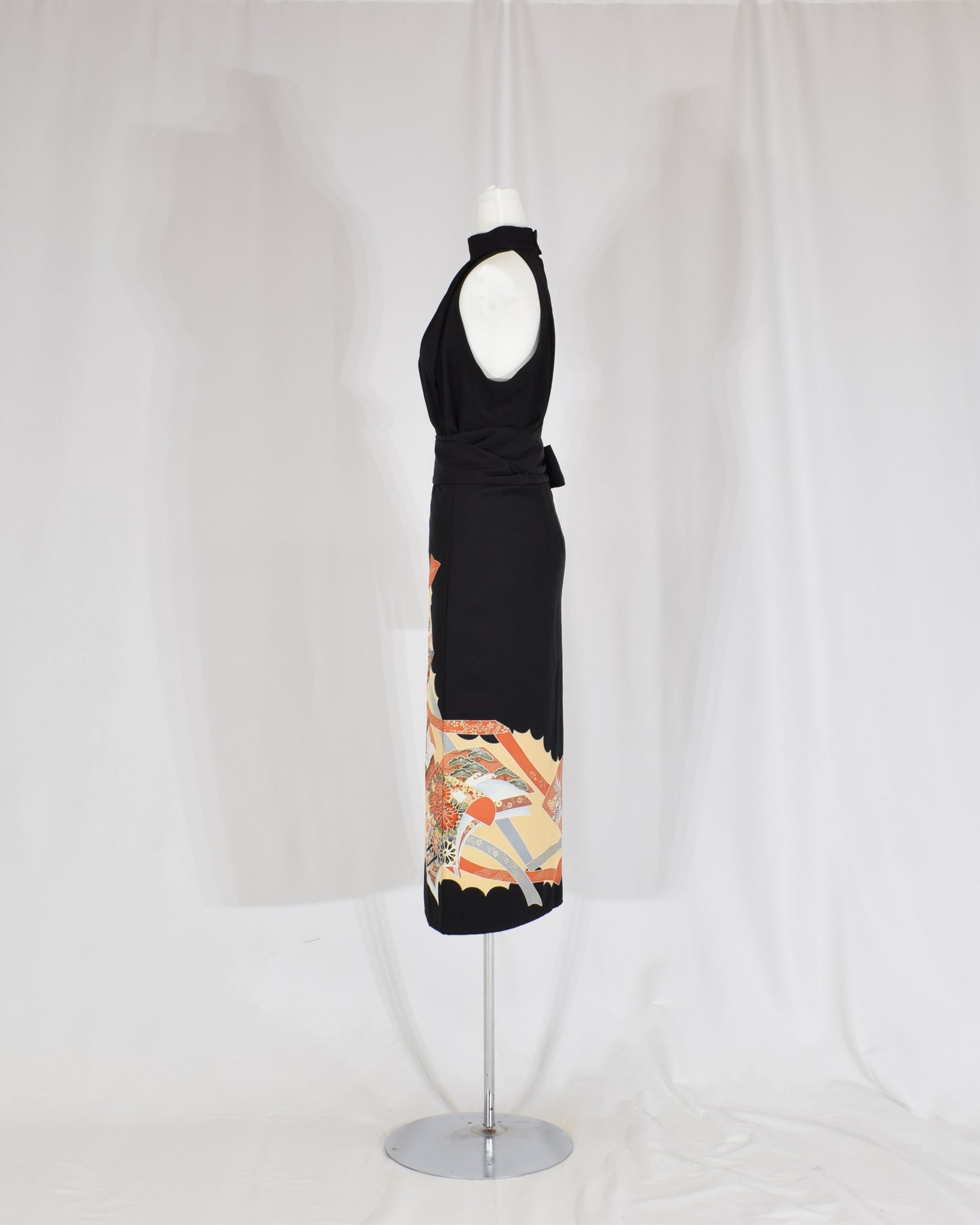 Wrap Skirt — Black Upcycled Kimono Fabric with Floral and Geometric Motif