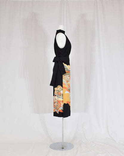Wrap Skirt — Black Upcycled Kimono Fabric with Floral and Geometric Motif
