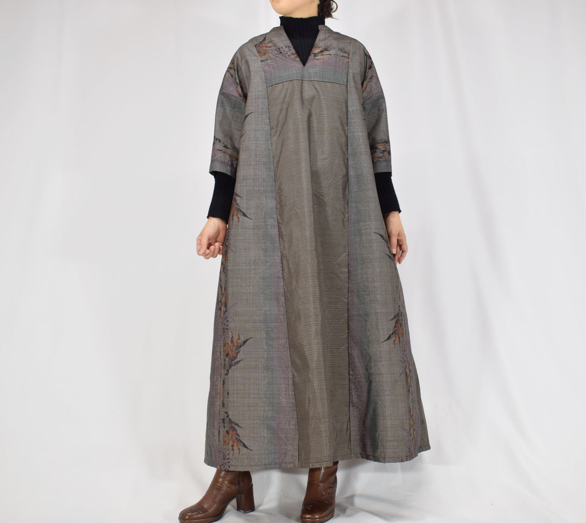 Split-Neck Long Dress, Gray Botanical Motif, Upcycled Kimono Fabric