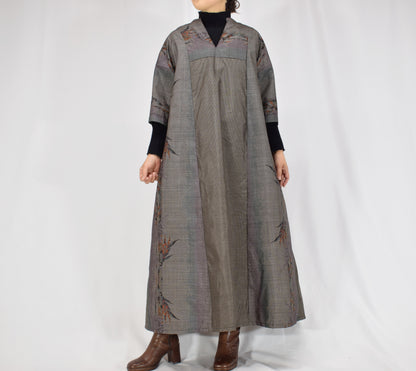 Split-Neck Long Dress, Gray Botanical Motif, Upcycled Kimono Fabric