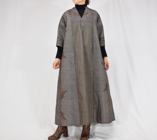 Split-Neck Long Dress, Gray Botanical Motif, Upcycled Kimono Fabric