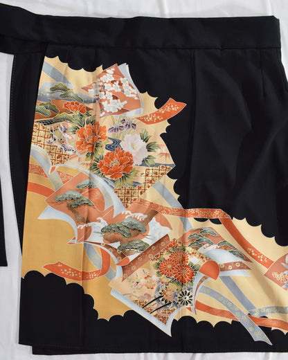 Wrap Skirt — Black Upcycled Kimono Fabric with Floral and Geometric Motif