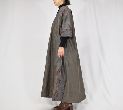 Split-Neck Long Dress, Gray Botanical Motif, Upcycled Kimono Fabric