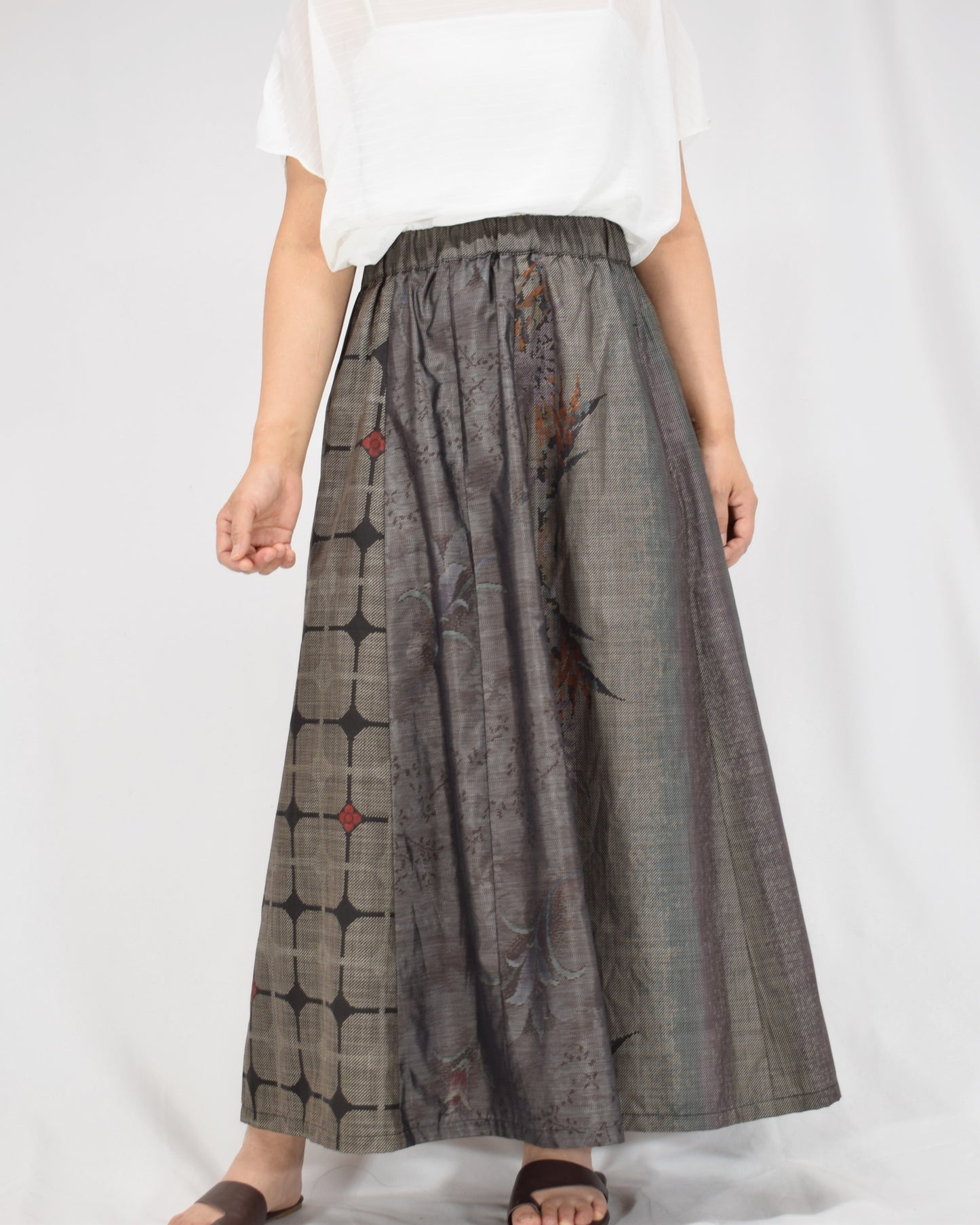 Six-Panel Skirt, Gray Geometric and Botanical, Upcycled Kimono Fabric
