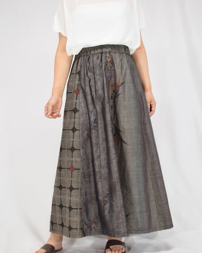 Six-Panel Skirt, Gray Geometric and Botanical, Upcycled Kimono Fabric