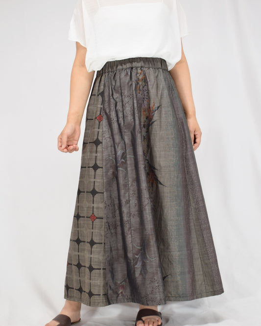 Six-Panel Skirt, Gray Geometric and Botanical, Upcycled Kimono Fabric