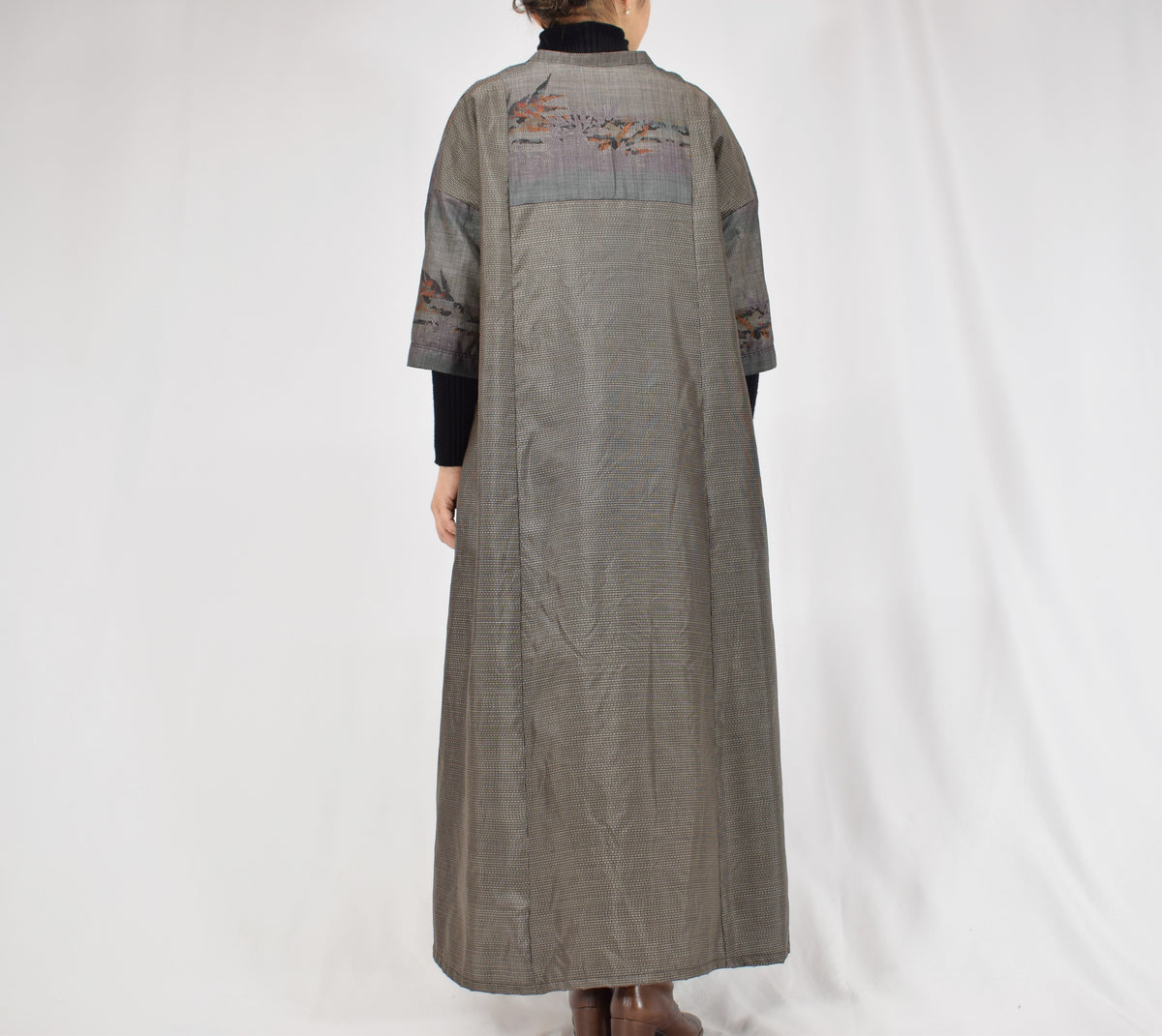 Split-Neck Long Dress, Gray Botanical Motif, Upcycled Kimono Fabric