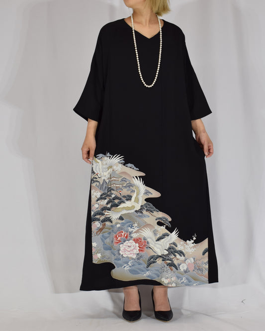 Elegant Kimono Dress, Crane and Wave Floral Motif, Upcycled Tomesode Fabric