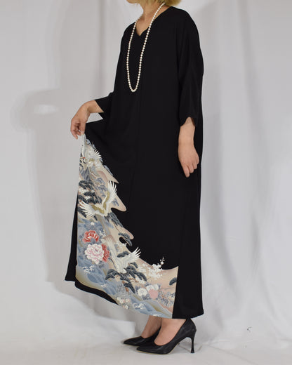 Elegant Kimono Dress, Crane and Wave Floral Motif, Upcycled Tomesode Fabric