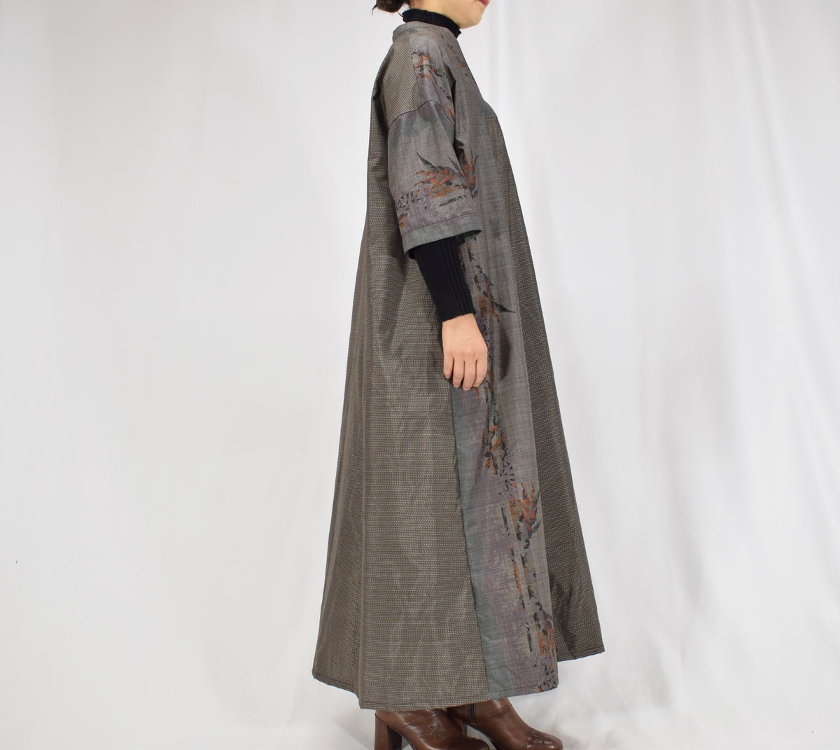 Split-Neck Long Dress, Gray Botanical Motif, Upcycled Kimono Fabric