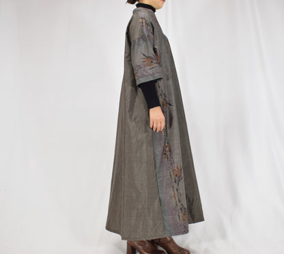 Split-Neck Long Dress, Gray Botanical Motif, Upcycled Kimono Fabric