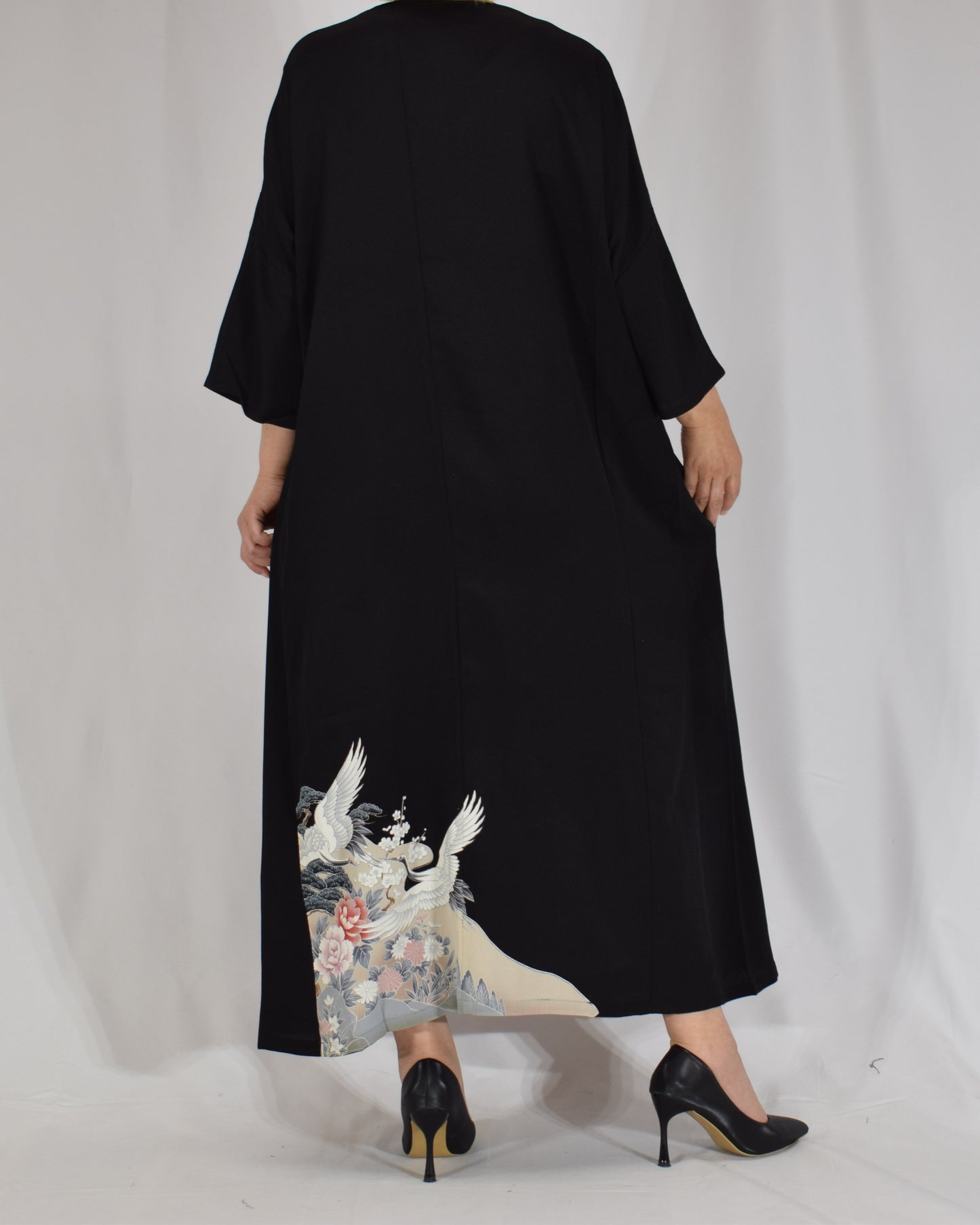 Elegant Kimono Dress, Crane and Wave Floral Motif, Upcycled Tomesode Fabric