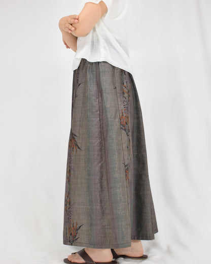 Six-Panel Skirt, Gray Geometric and Botanical, Upcycled Kimono Fabric