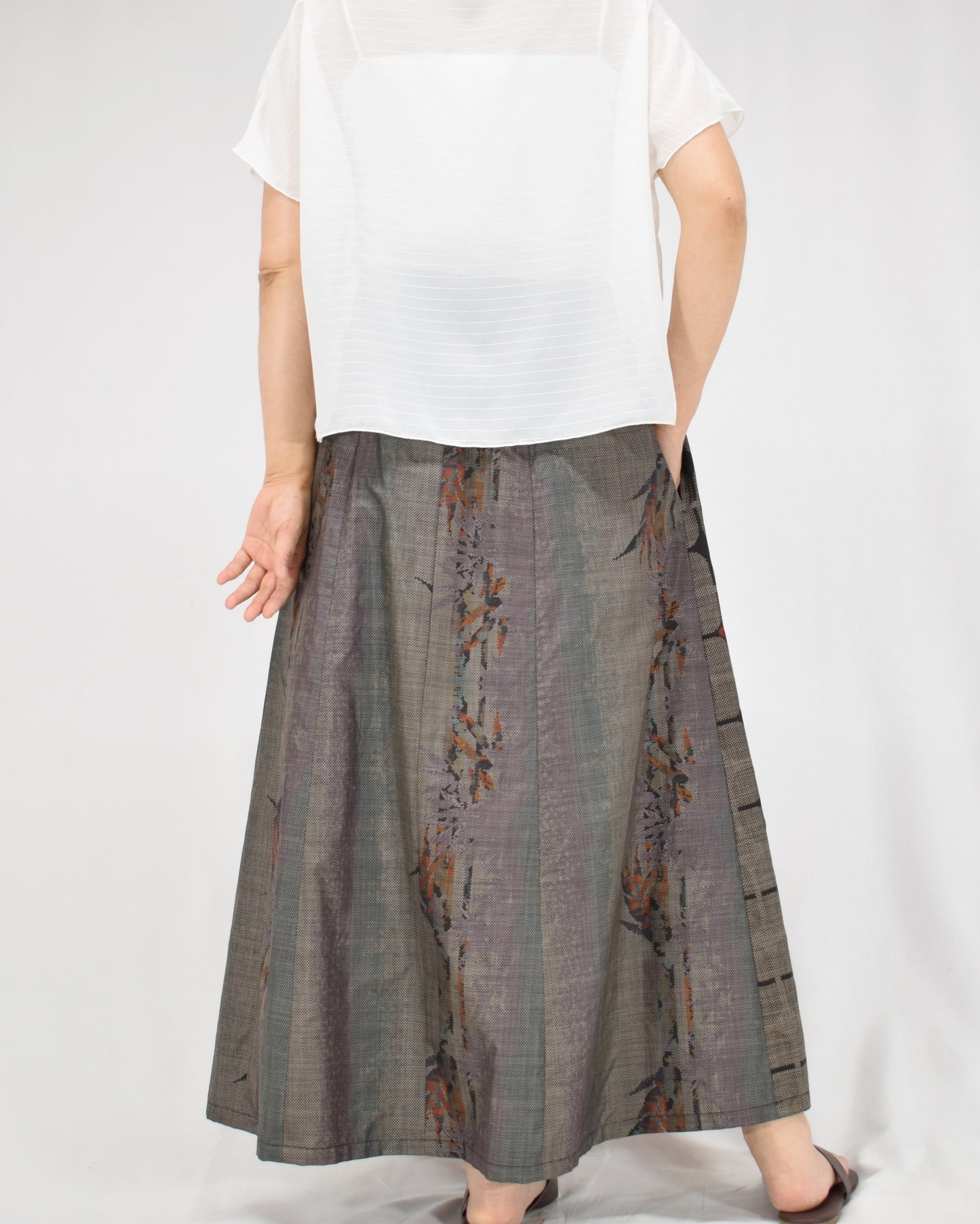 Six-Panel Skirt, Gray Geometric and Botanical, Upcycled Kimono Fabric