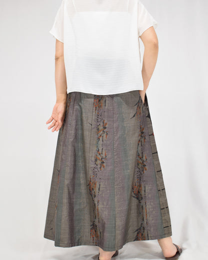 Six-Panel Skirt, Gray Geometric and Botanical, Upcycled Kimono Fabric