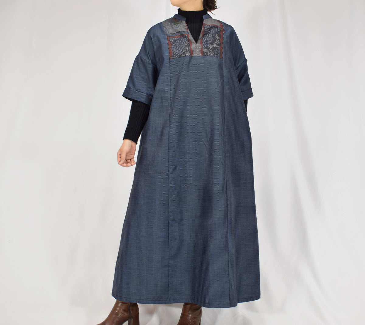 Split-Neck Long Dress, Navy Geometric and Botanical Motifs, Upcycled Kimono Fabric