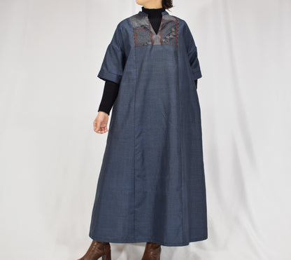 Split-Neck Long Dress, Navy Geometric and Botanical Motifs, Upcycled Kimono Fabric