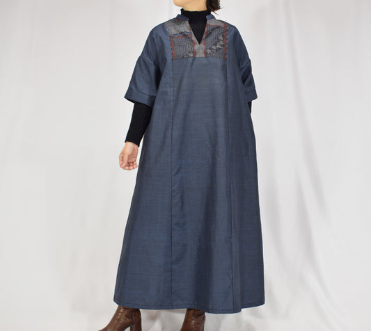 Split-Neck Long Dress, Navy Geometric and Botanical Motifs, Upcycled Kimono Fabric