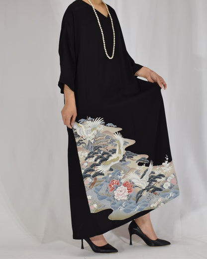 Elegant Kimono Dress, Crane and Wave Floral Motif, Upcycled Tomesode Fabric