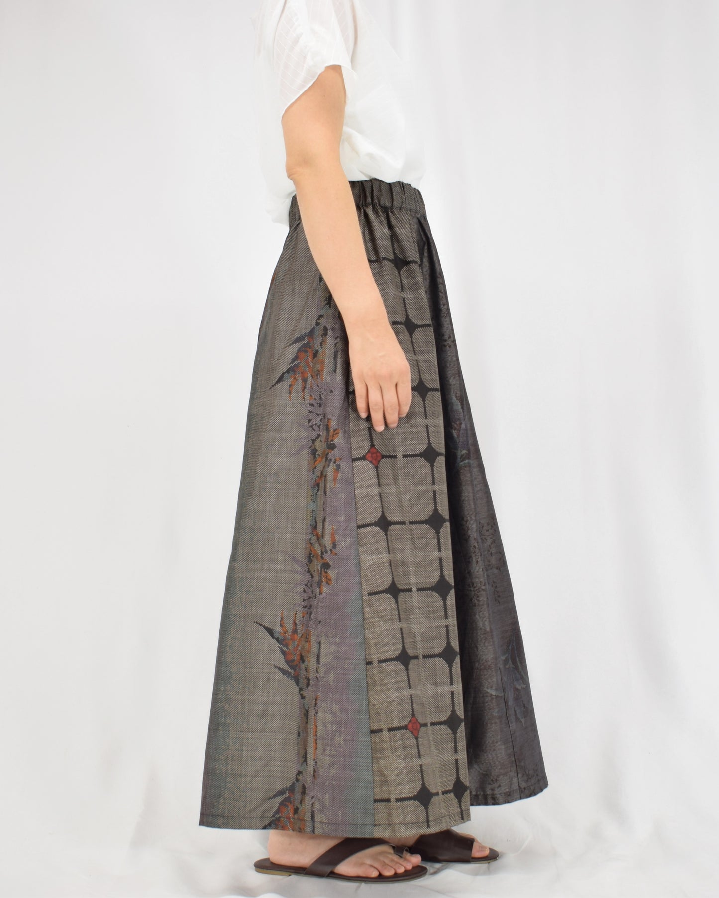 Six-Panel Skirt, Gray Geometric and Botanical, Upcycled Kimono Fabric