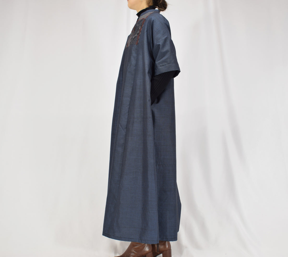 Split-Neck Long Dress, Navy Geometric and Botanical Motifs, Upcycled Kimono Fabric