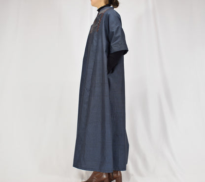 Split-Neck Long Dress, Navy Geometric and Botanical Motifs, Upcycled Kimono Fabric