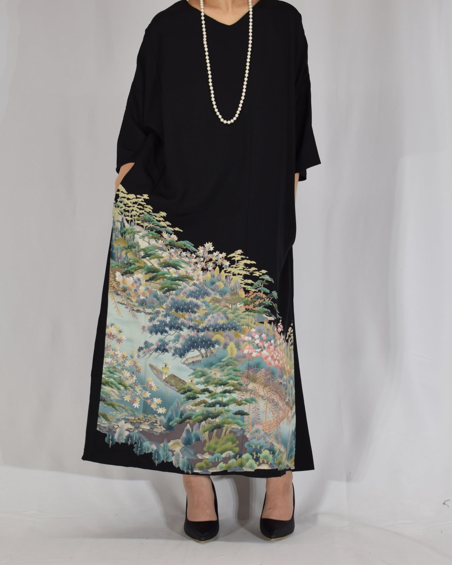 Elegant Kimono Dress, Mountain Landscape and Botanical Motif, Upcycled Tomesode Fabric