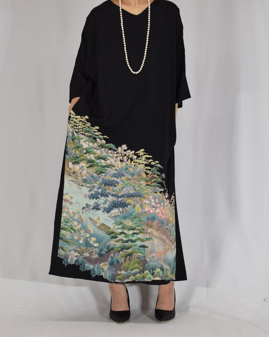 Elegant Kimono Dress, Mountain Landscape and Botanical Motif, Upcycled Tomesode Fabric