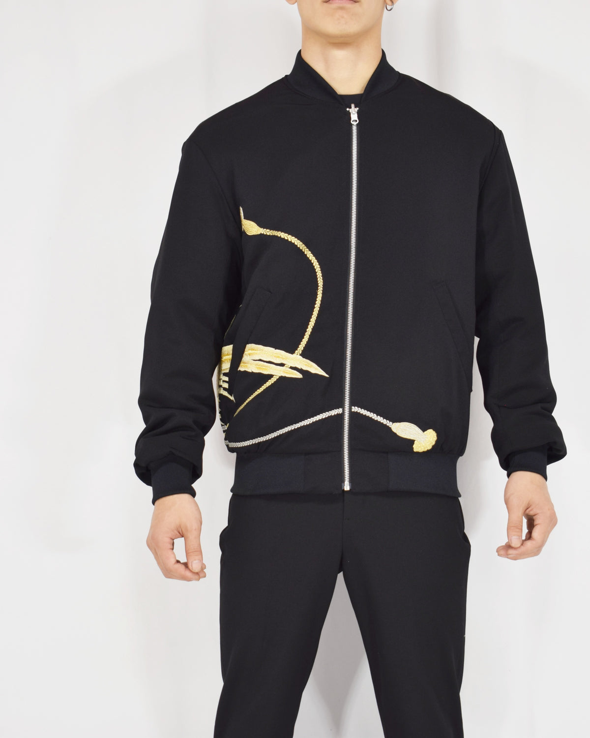MA-1 Jacket, Black Bird and Decorative Cord Motifs, Upcycled Kimono Fabric