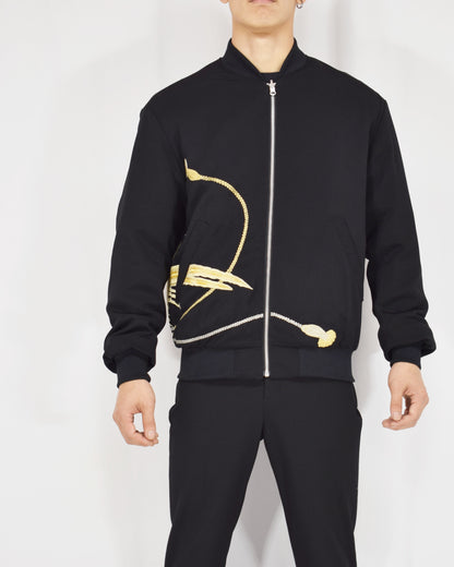MA-1 Jacket, Black Bird and Decorative Cord Motifs, Upcycled Kimono Fabric
