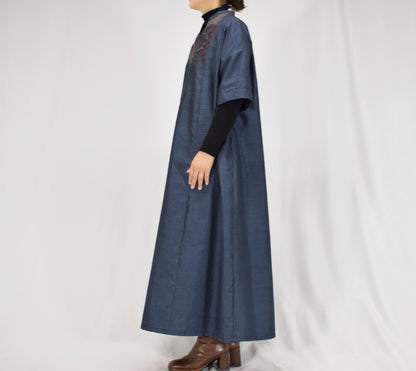 Split-Neck Long Dress, Navy Geometric and Botanical Motifs, Upcycled Kimono Fabric