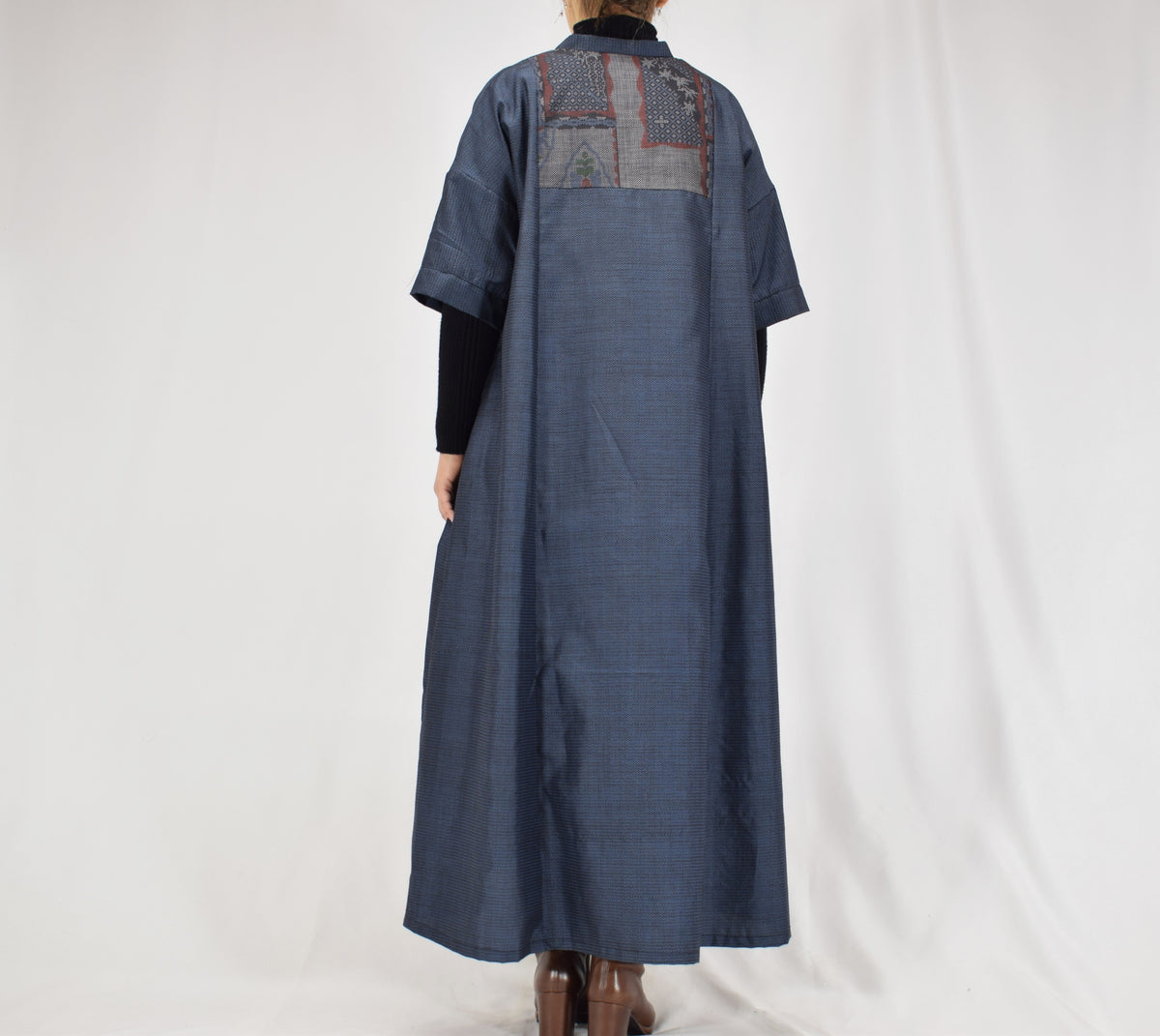 Split-Neck Long Dress, Navy Geometric and Botanical Motifs, Upcycled Kimono Fabric