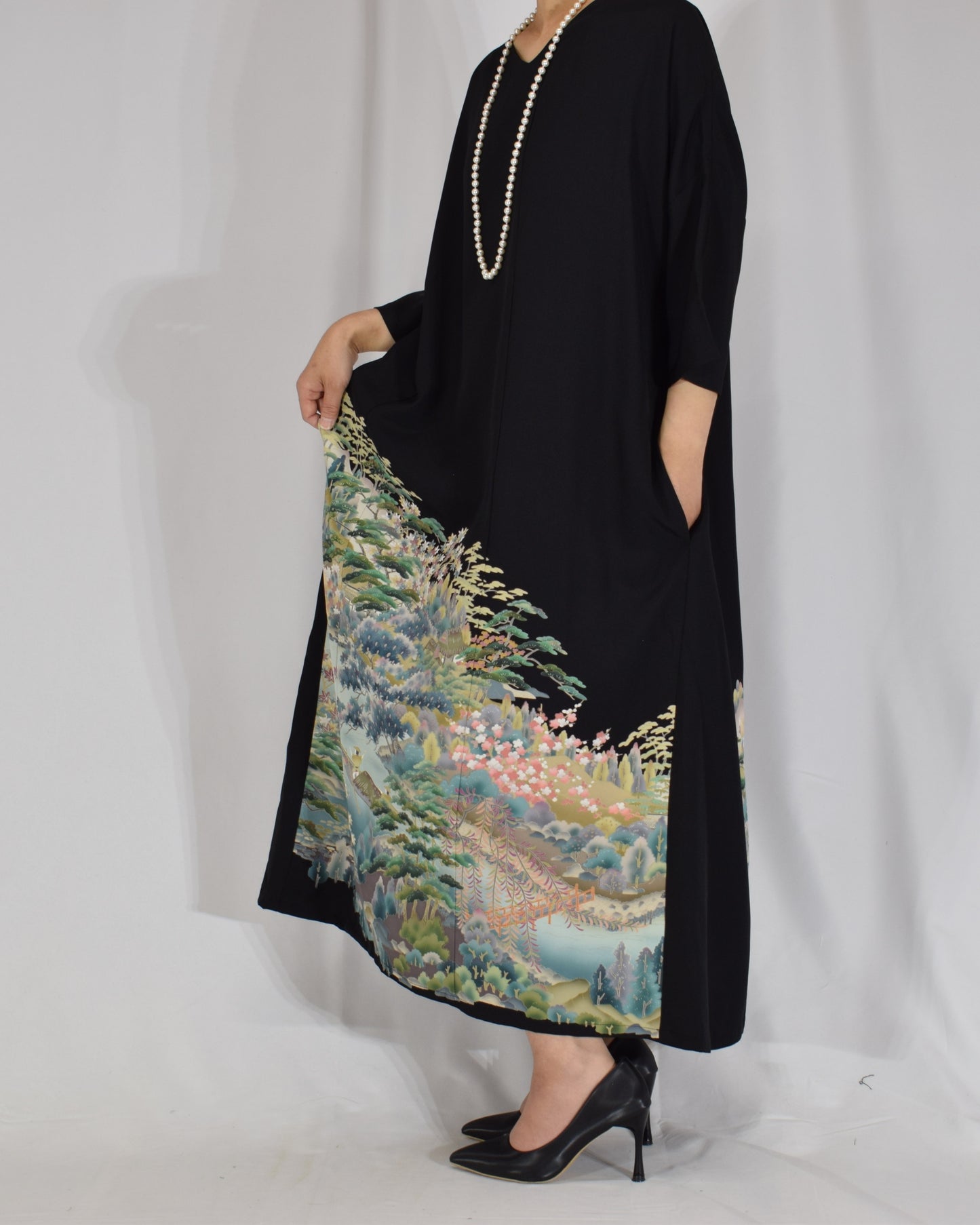 Elegant Kimono Dress, Mountain Landscape and Botanical Motif, Upcycled Tomesode Fabric