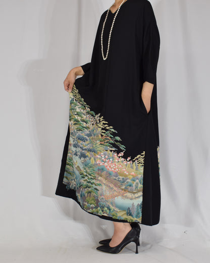 Elegant Kimono Dress, Mountain Landscape and Botanical Motif, Upcycled Tomesode Fabric