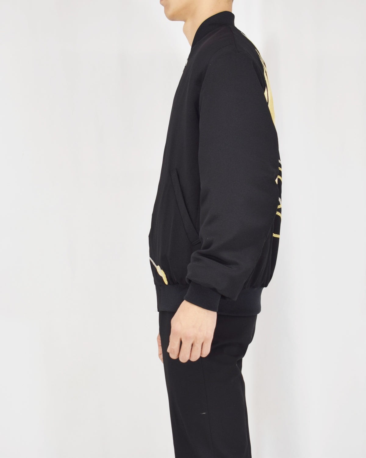MA-1 Jacket, Black Bird and Decorative Cord Motifs, Upcycled Kimono Fabric