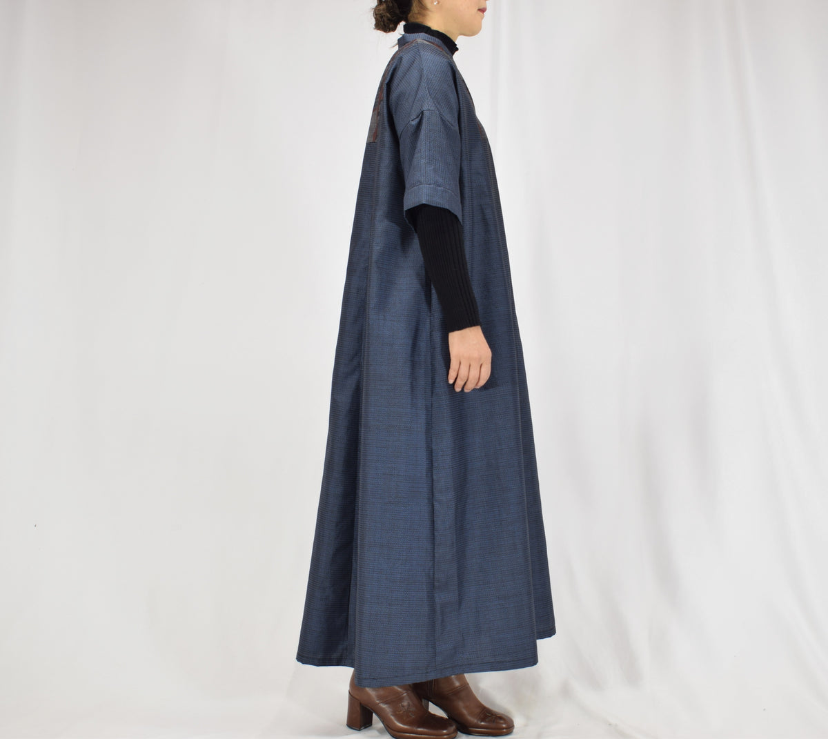 Split-Neck Long Dress, Navy Geometric and Botanical Motifs, Upcycled Kimono Fabric