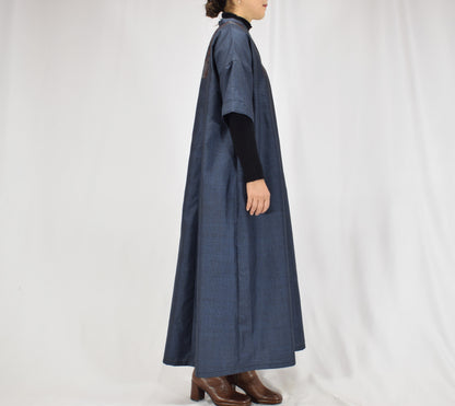 Split-Neck Long Dress, Navy Geometric and Botanical Motifs, Upcycled Kimono Fabric