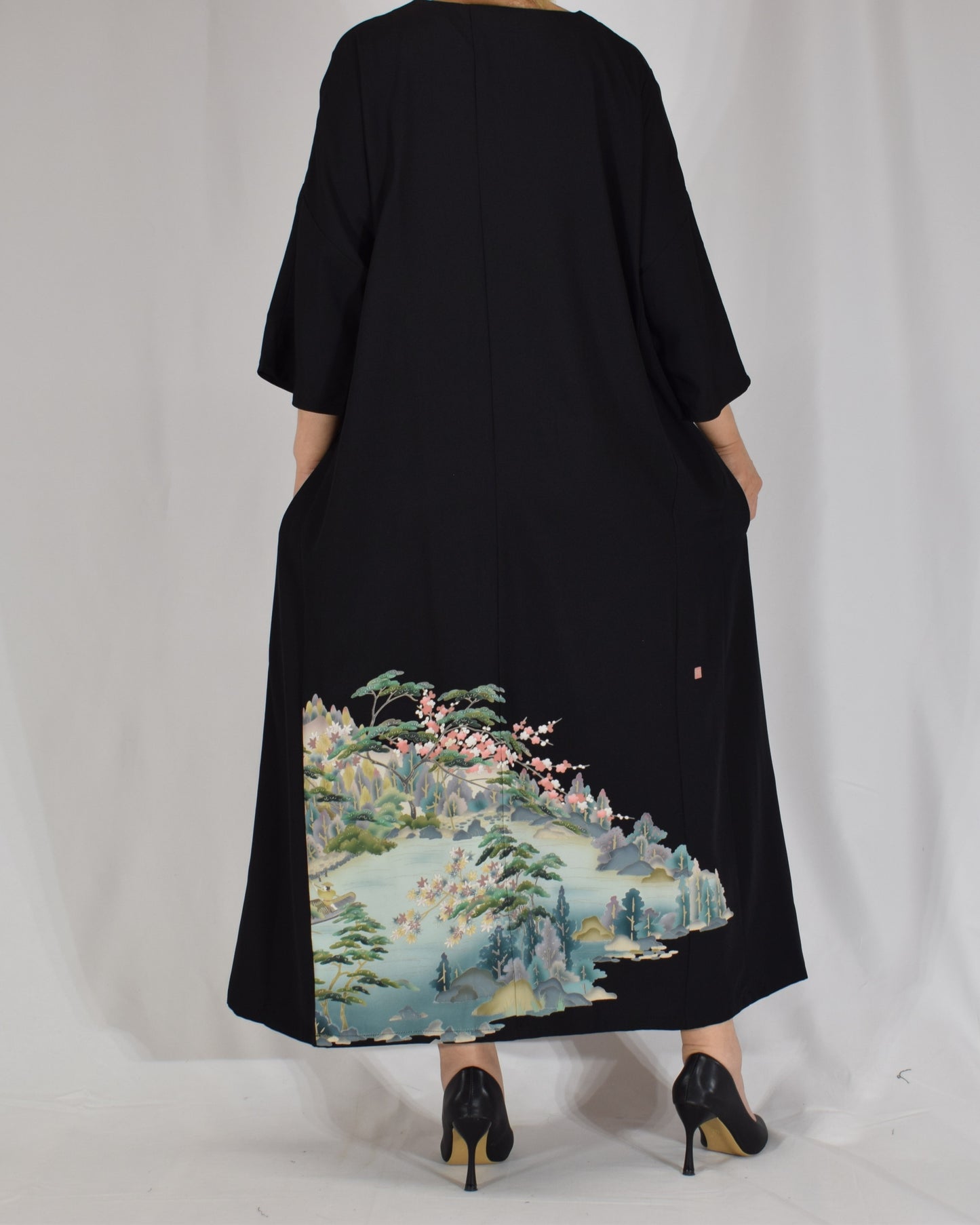 Elegant Kimono Dress, Mountain Landscape and Botanical Motif, Upcycled Tomesode Fabric