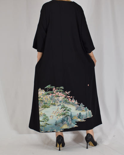 Elegant Kimono Dress, Mountain Landscape and Botanical Motif, Upcycled Tomesode Fabric