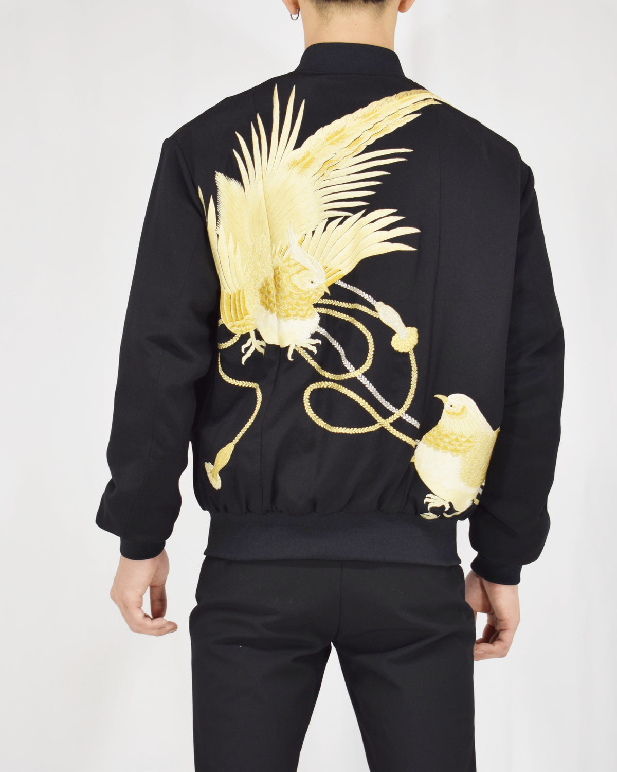 MA-1 Jacket, Black Bird and Decorative Cord Motifs, Upcycled Kimono Fabric