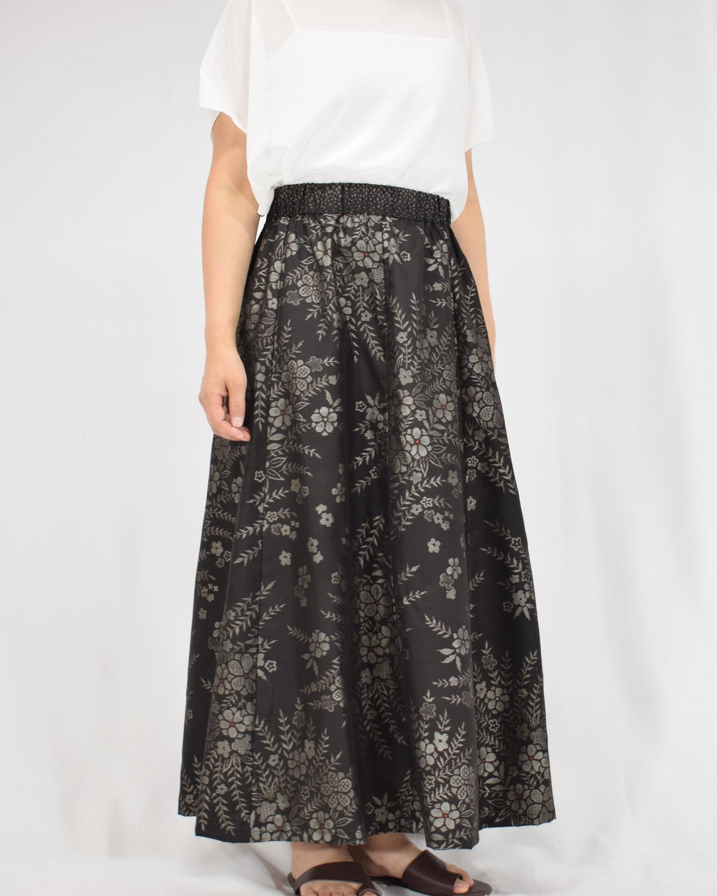 Six-Panel Skirt, Black Floral Motif, Upcycled Kimono Fabric