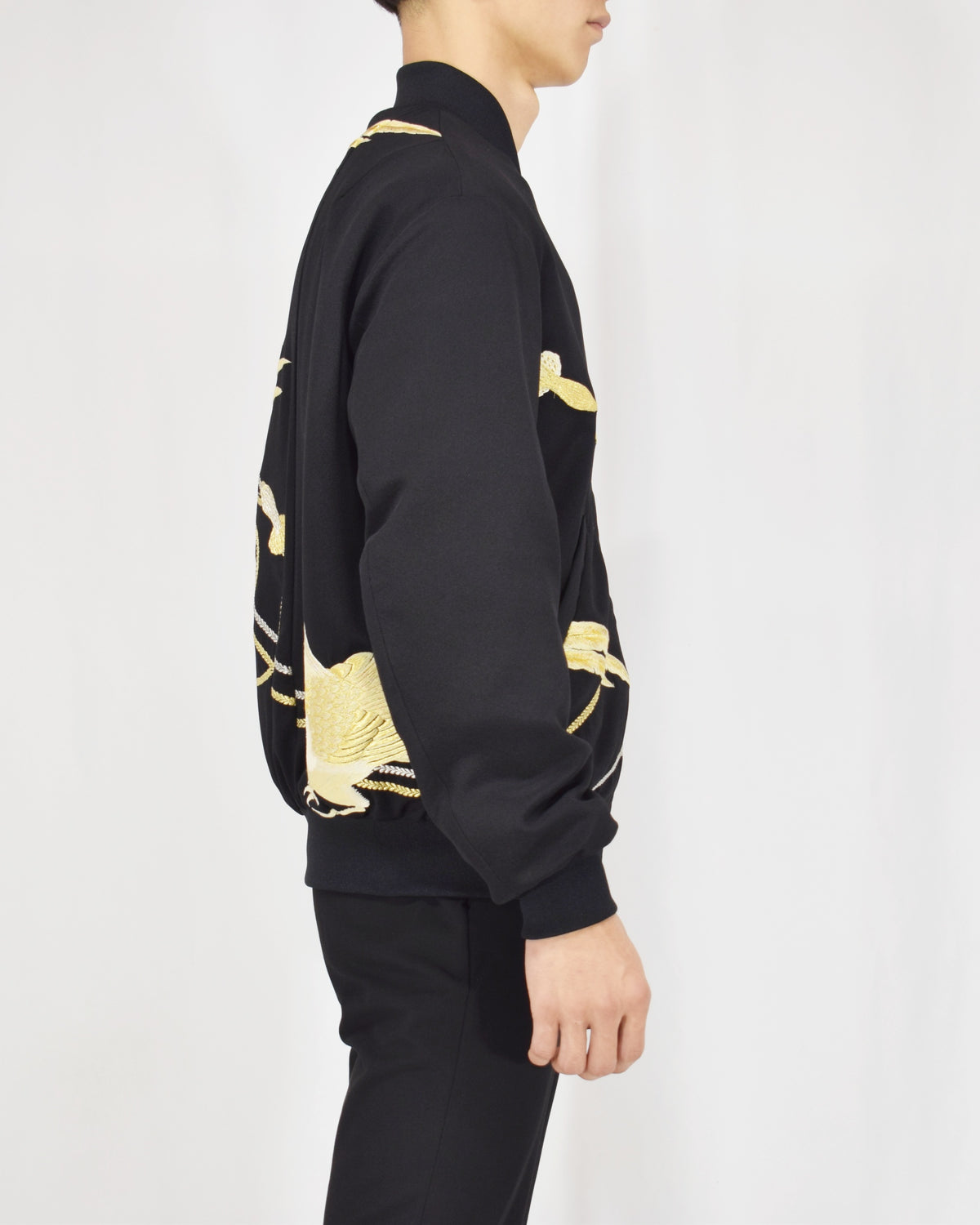 MA-1 Jacket, Black Bird and Decorative Cord Motifs, Upcycled Kimono Fabric