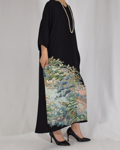 Elegant Kimono Dress, Mountain Landscape and Botanical Motif, Upcycled Tomesode Fabric