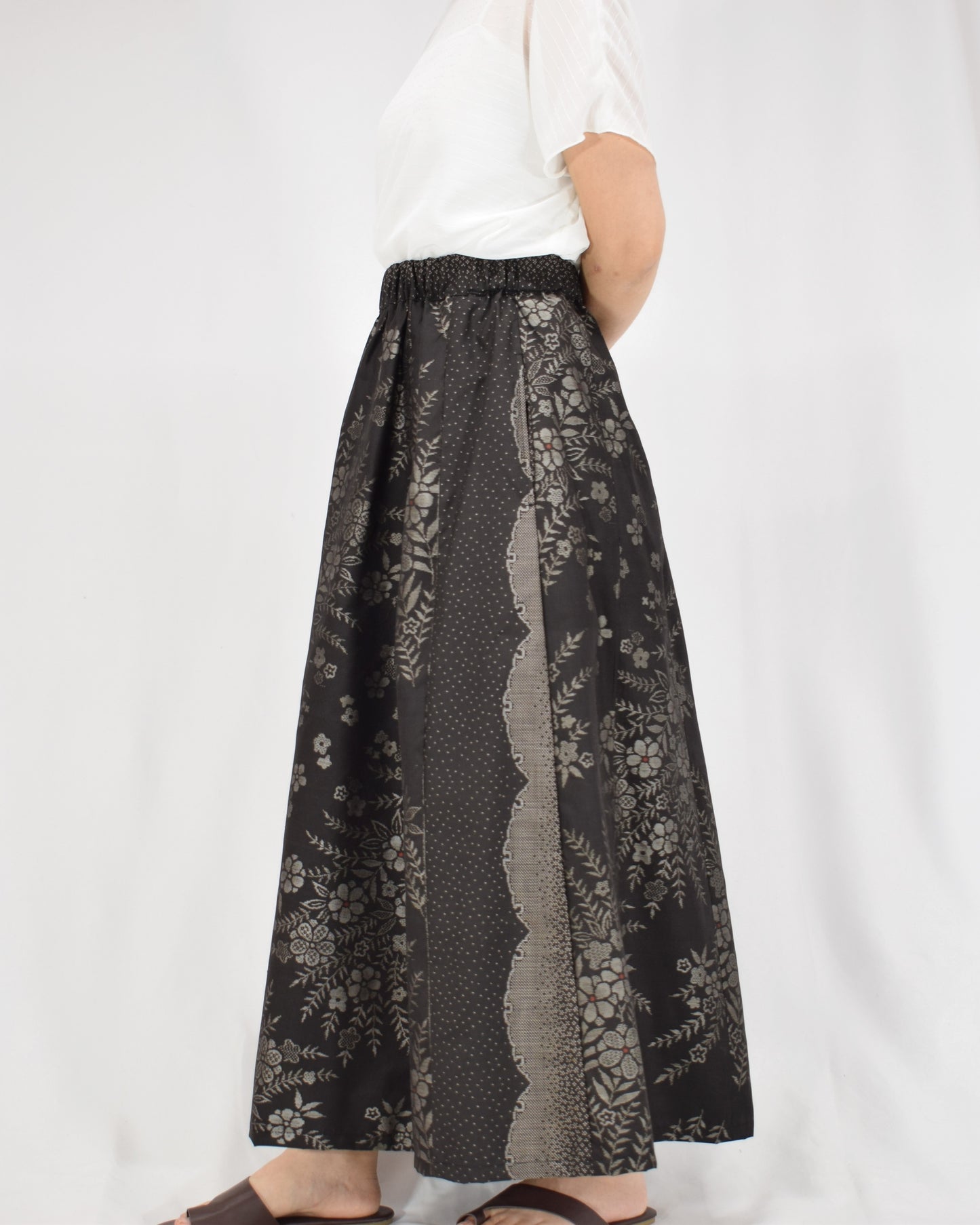 Six-Panel Skirt, Black Floral Motif, Upcycled Kimono Fabric