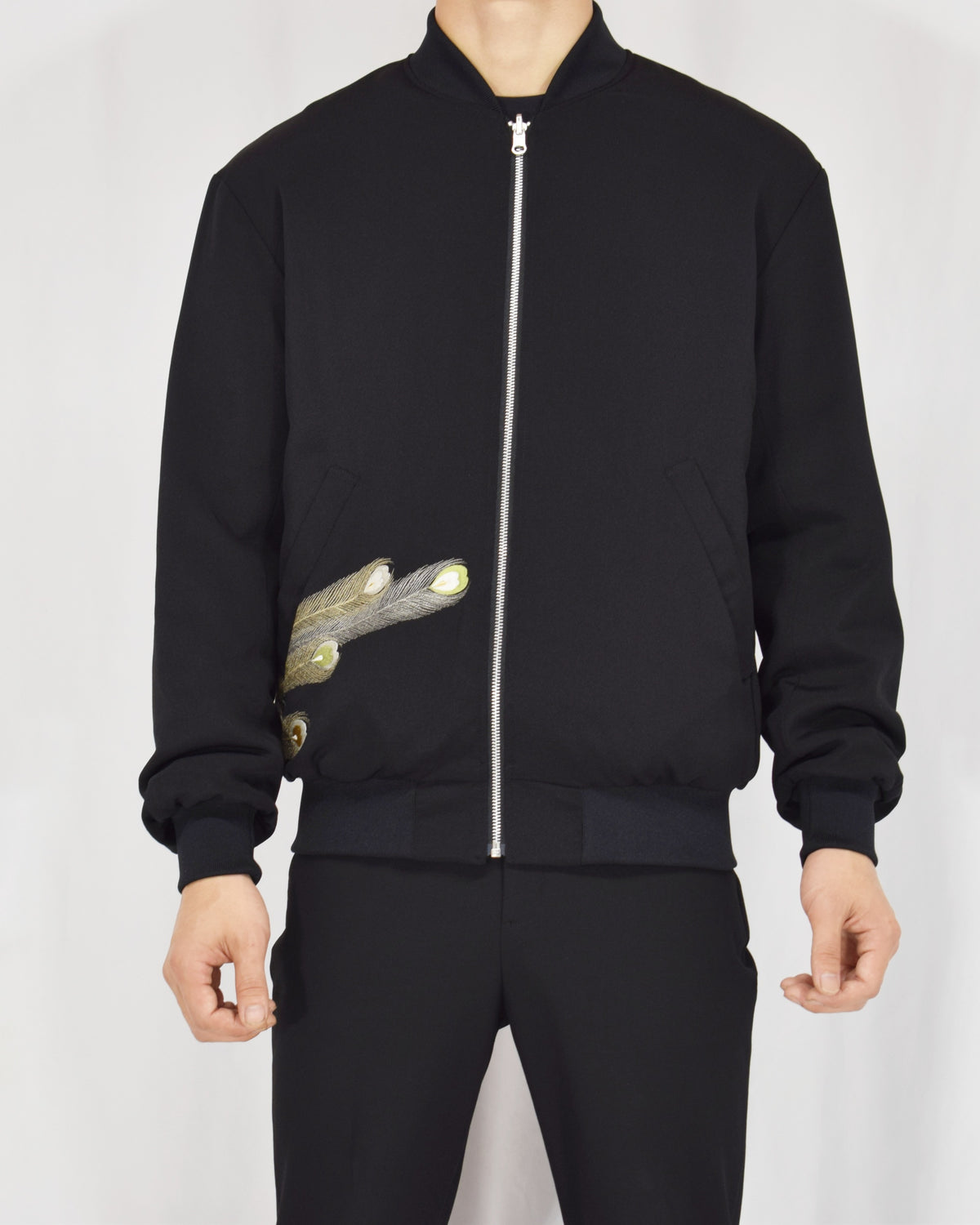 MA-1 Jacket, Black Peacock Motifs, Upcycled Kimono Fabric