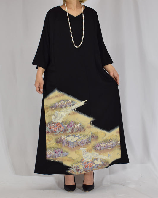 Elegant Kimono Dress, Gold-Tone Haze and Floral Motif, Upcycled Tomesode Fabric