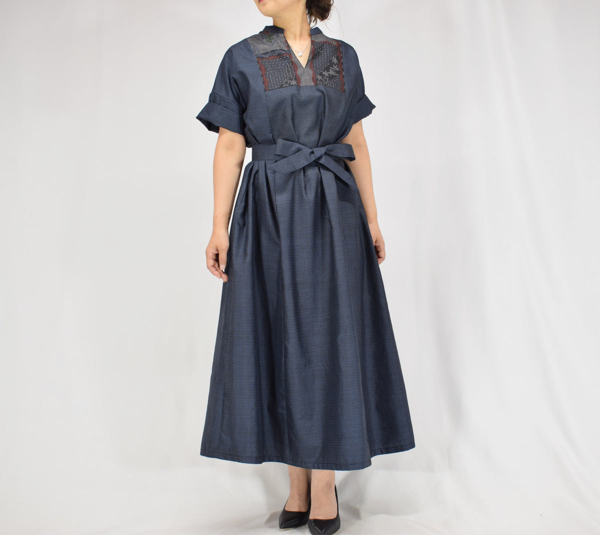 Split-Neck Long Dress, Navy Geometric and Botanical Motifs, Upcycled Kimono Fabric